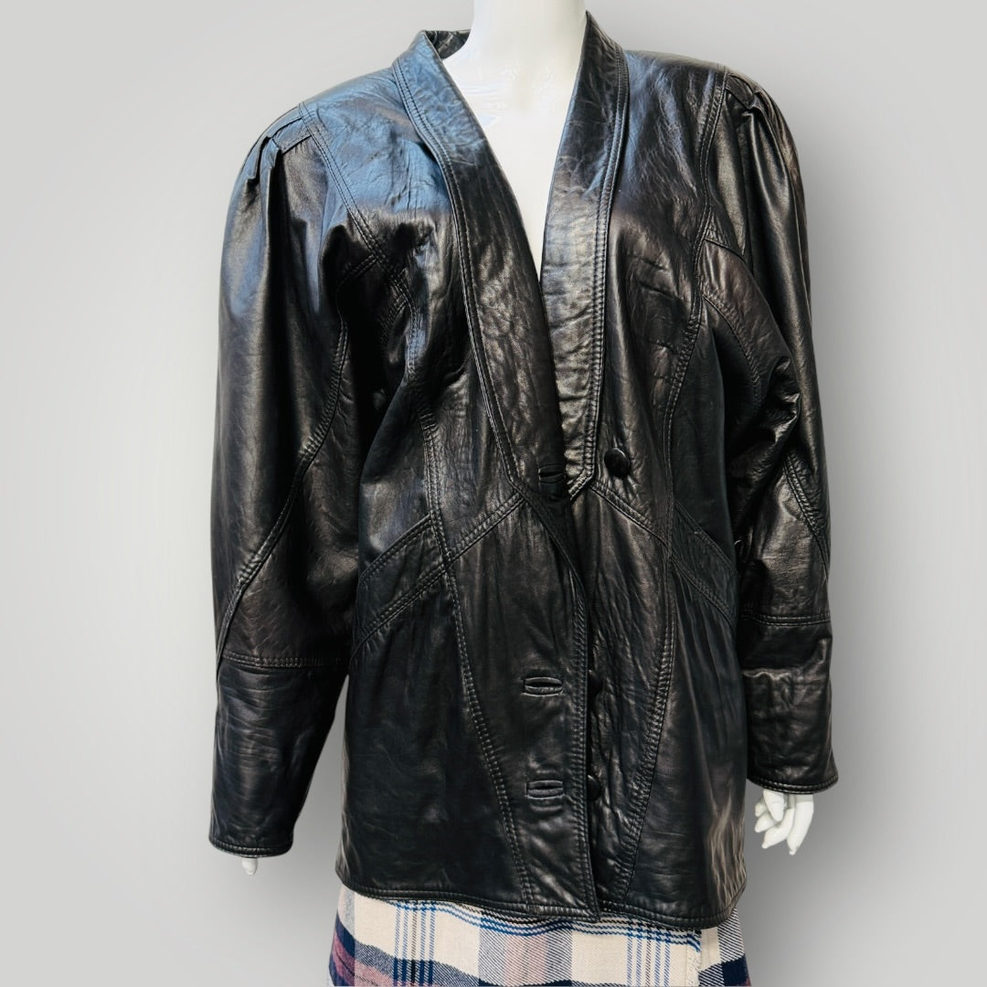 1980s nz vintage / HIDE SHOP / black leather jacket / 14 / made in nz (3912618619310336427)