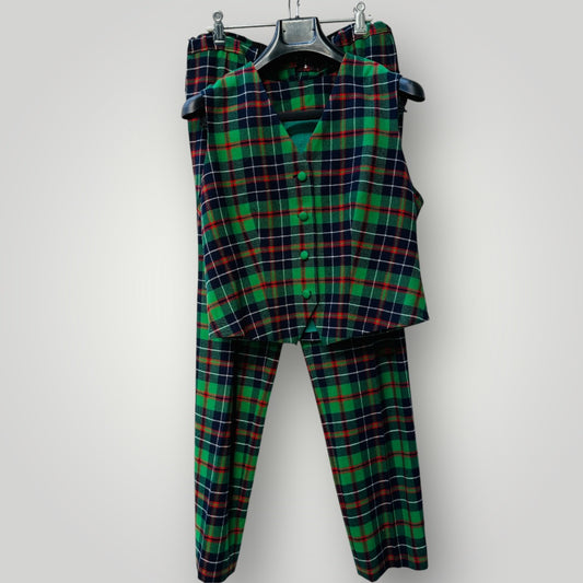 1970s vintage / handmade / tank vest and pants / green plaid wool / s/m (3912942262569976331)