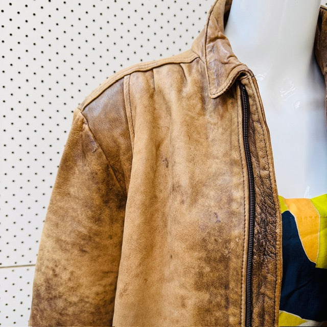 1990s british vintage / MAYWEAR / leather + sheepskin jacket / S/M (3913540574862232201)