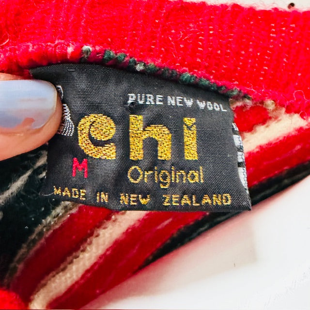 1960s nz vintage / CHI / pure wool jumper / red + green / m (3913713802542014272)