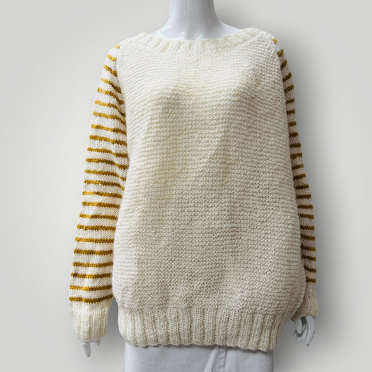 hand knitted / cream + mustard wool jumper / m (3913714083856586172)