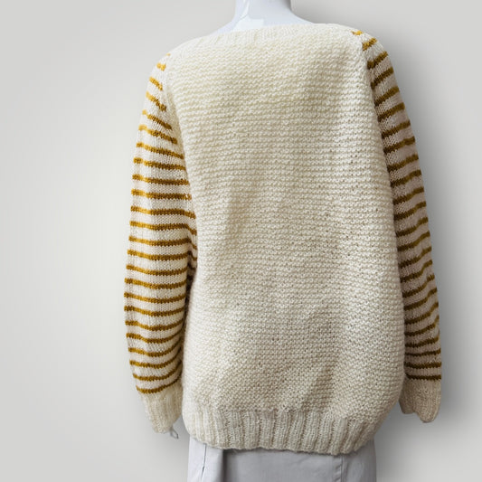 hand knitted / cream + mustard wool jumper / m (3913714086029719722)
