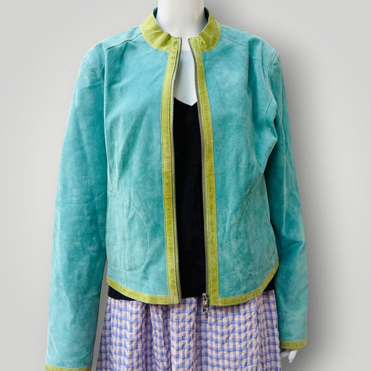 blue suede / leather jacket with green trim / s (3915354984203398060)