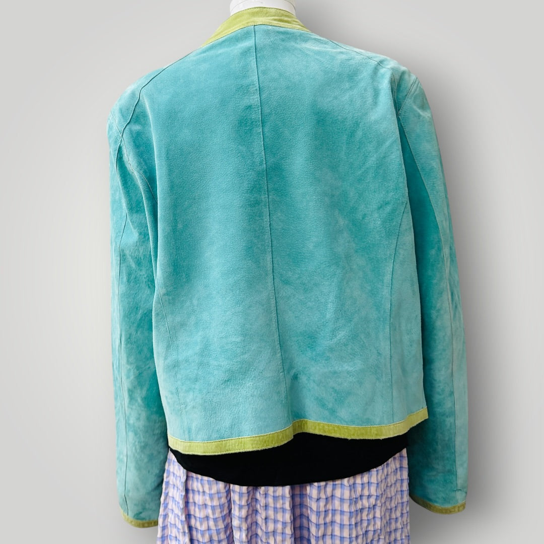 blue suede / leather jacket with green trim / s (3915354986684678443)