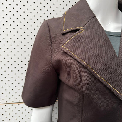 1970s nz vintage / shortsleeved brown jacket with yellow stitching / s (3915983836573777951)