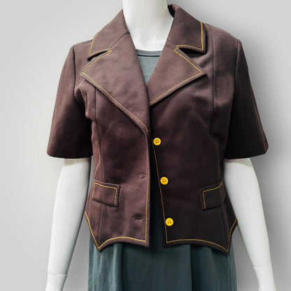 1970s nz vintage / shortsleeved brown jacket with yellow stitching / s (3915984209747407946)