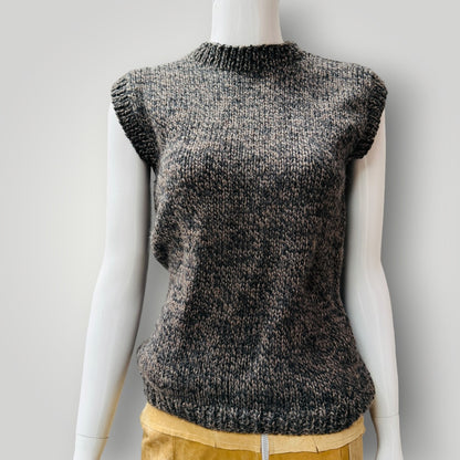 hand knitted / brown wool sleeveless vest / s (3916143631720296002)