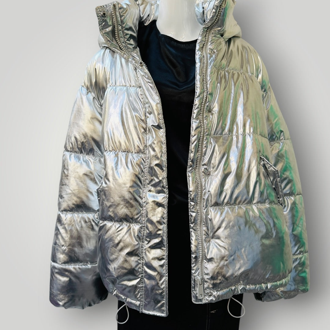 H&M / silver hooded puffer coat / XL (3916725752269851219)