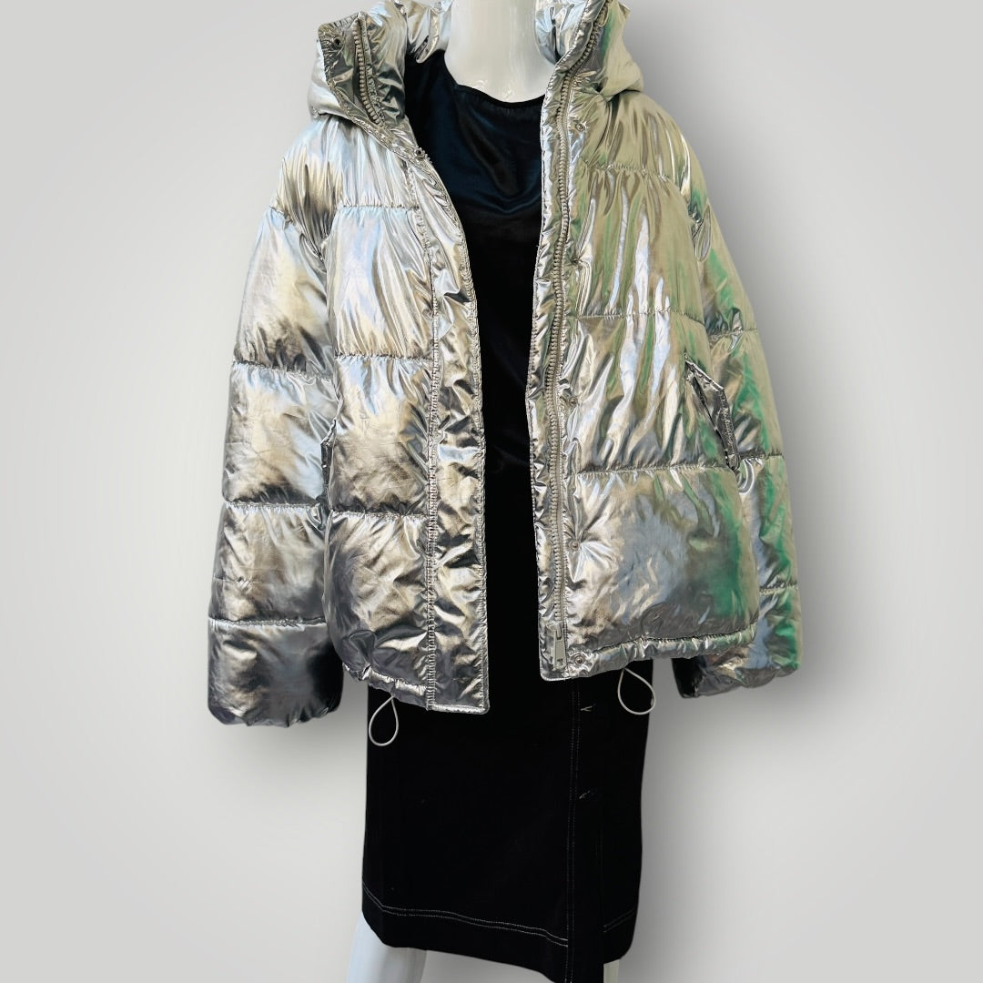 H&M / silver hooded puffer coat / XL (3916725754015095866)