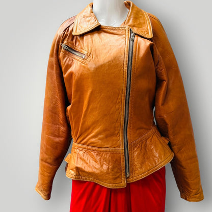 1980s aussie vintage / ELLA MIRO SYDNEY / tan leather biker jacket / s (3917331959338211839)