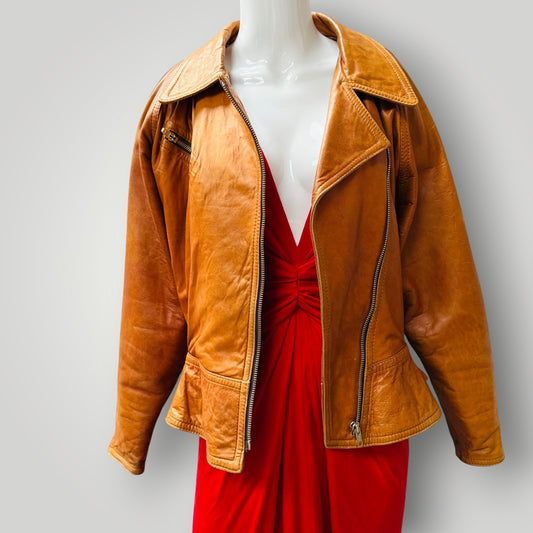 1980s aussie vintage / ELLA MIRO SYDNEY / tan leather biker jacket / s (3917331961617943983)