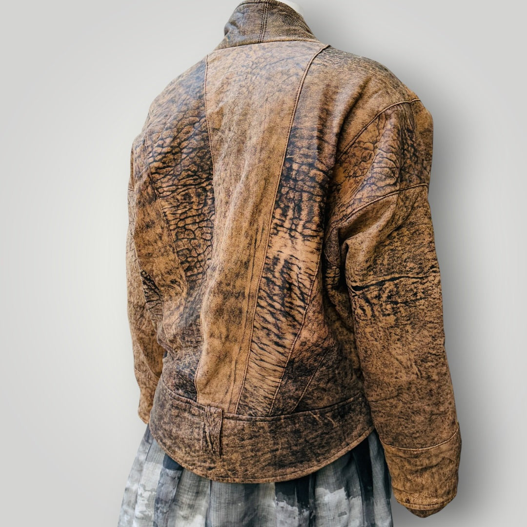 1980s vintage / brown leather jacket / cinched waist / s (3917700386074013073)