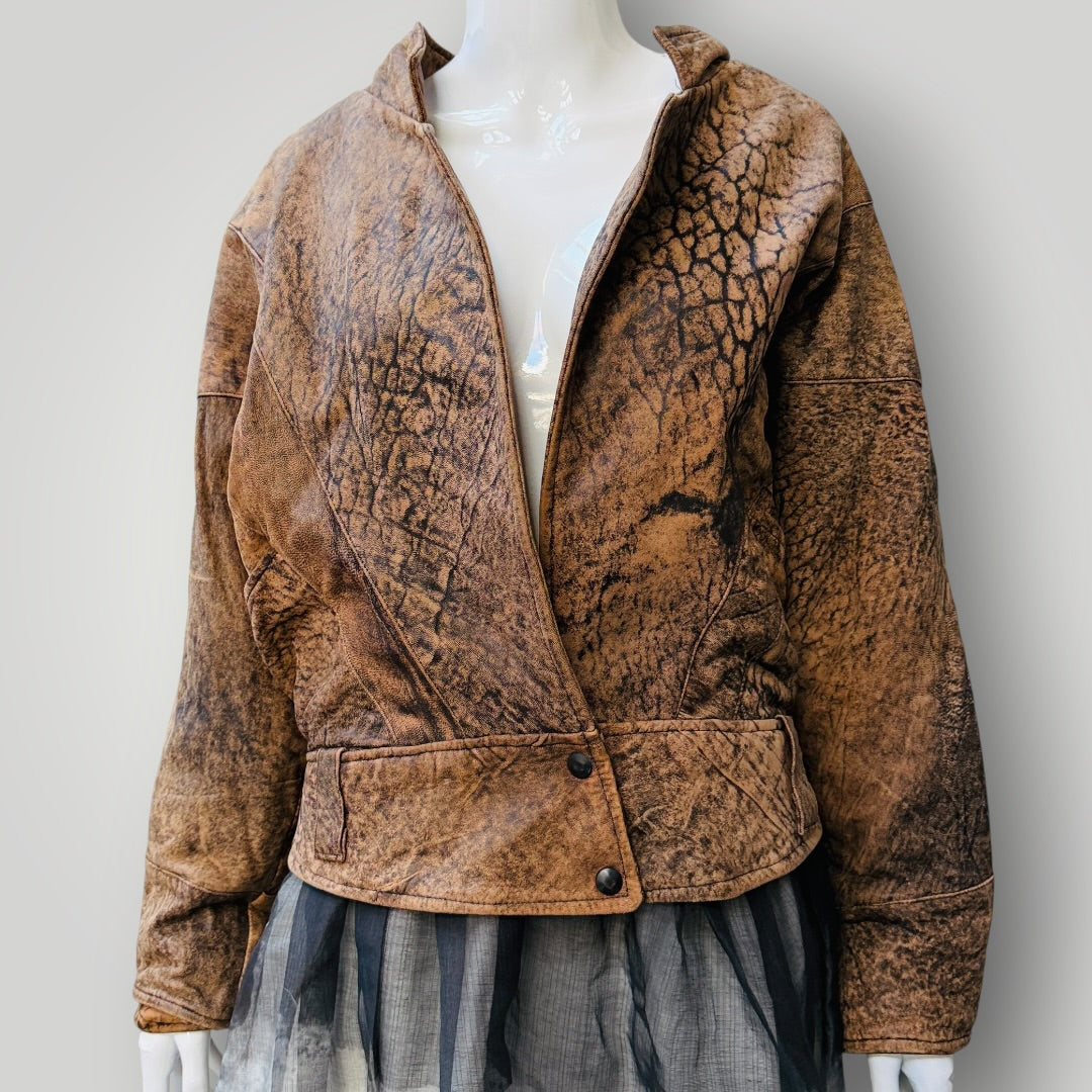 1980s vintage / brown leather jacket / cinched waist / s (3917700388978011756)