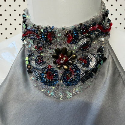 CRANFIELD / silver silk halter with bejewelled neckline / s (3919490380407690937)
