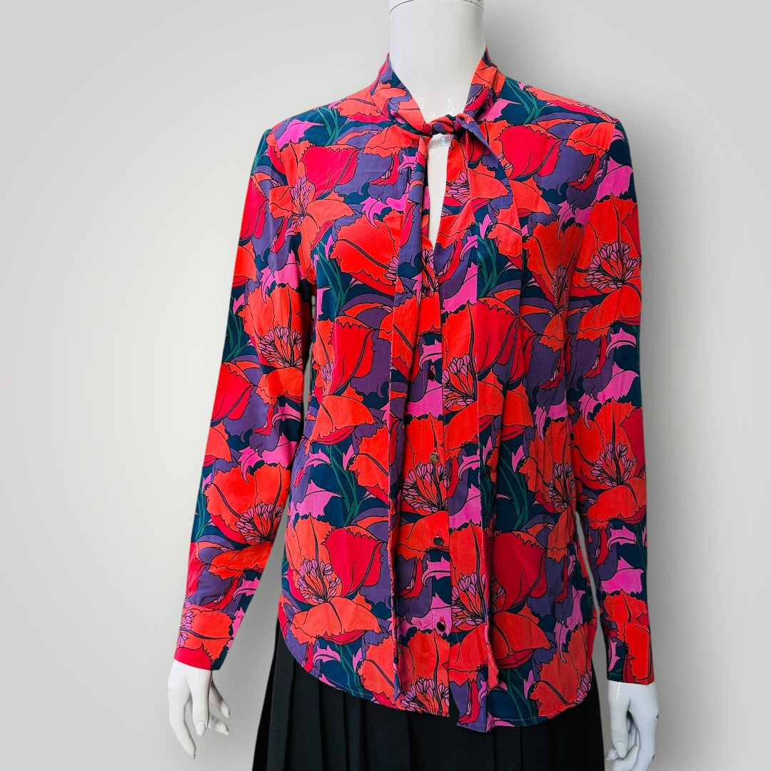 HELEN CHERRY / 100% silk / bright floral print blouse / s (3919490734334206697)