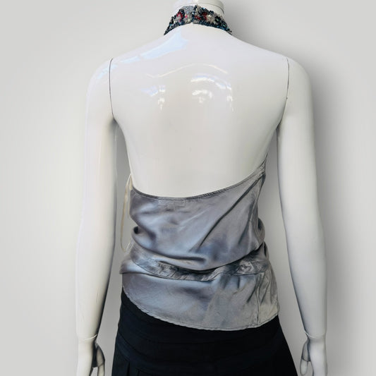 CRANFIELD / silver silk halter with bejewelled neckline / s (3919490738215631040)