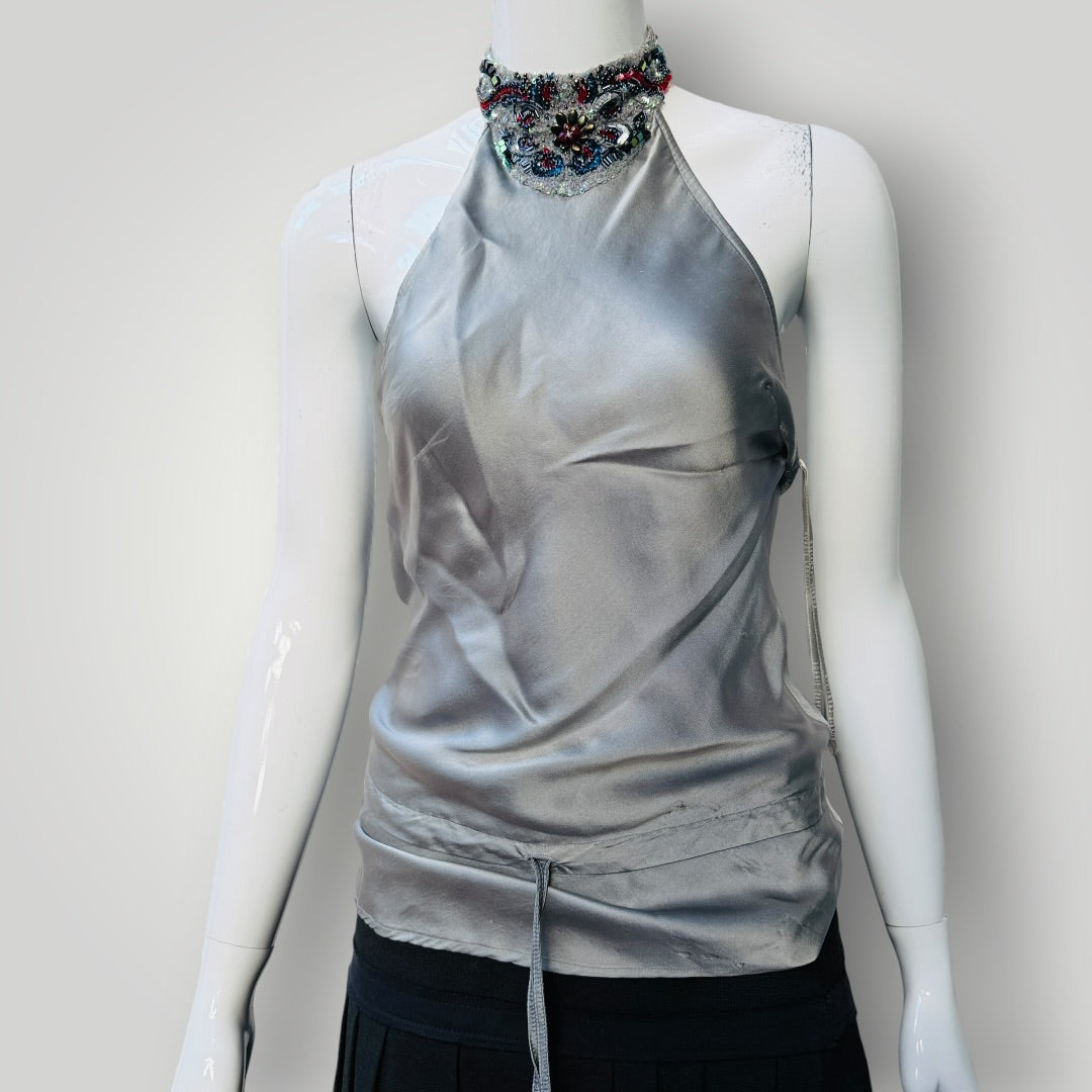 CRANFIELD / silver silk halter with bejewelled neckline / s (3919490739679953432)