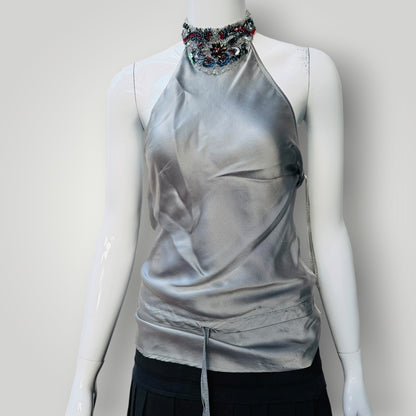 CRANFIELD / silver silk halter with bejewelled neckline / s (3919490739679953432)