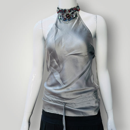 CRANFIELD / silver silk halter with bejewelled neckline / s (3919490739679953432)