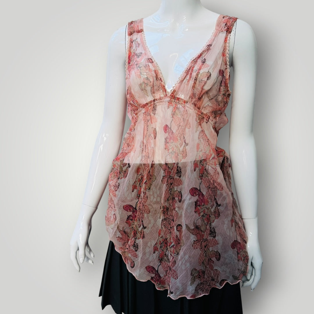 2000s nz vintage / CATALYST / sheer silk floral top / s / made in nz (3919490777325317855)