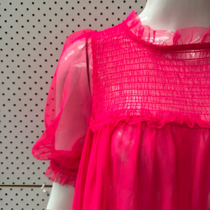 DIVIDED / smock ruffle dress / mesh / bright pink / s (3919577334310926438)