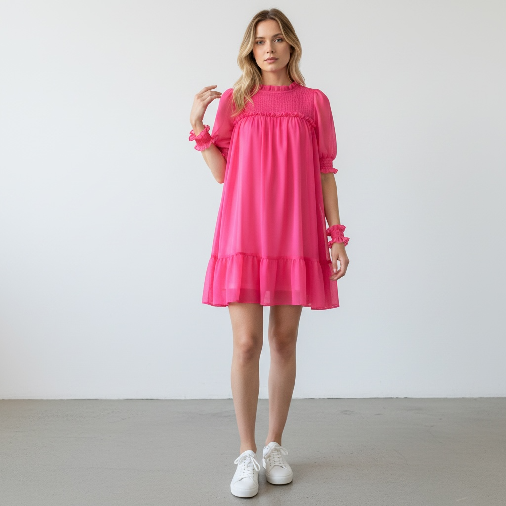 DIVIDED / smock ruffle dress / mesh / bright pink / s (3919578593639002289)