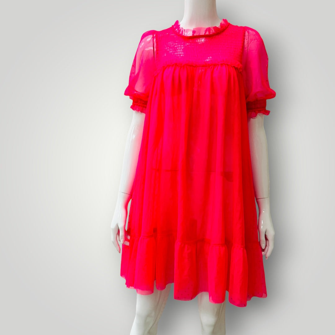DIVIDED / smock ruffle dress / mesh / bright pink / s (3919579061766158067)