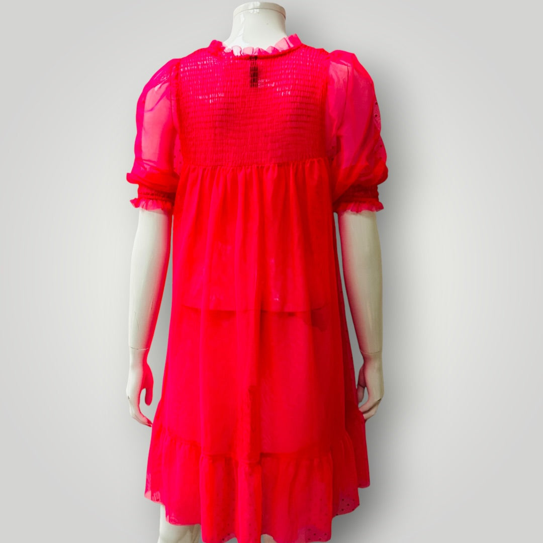 DIVIDED / smock ruffle dress / mesh / bright pink / s (3919579063202602646)