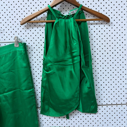 ZARA / kelly green satin top and pants / s (3920797658216636077)