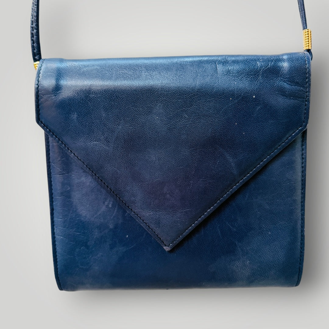1980s vintage / blue leather cross body bag / made in nz (3920797897630463222)