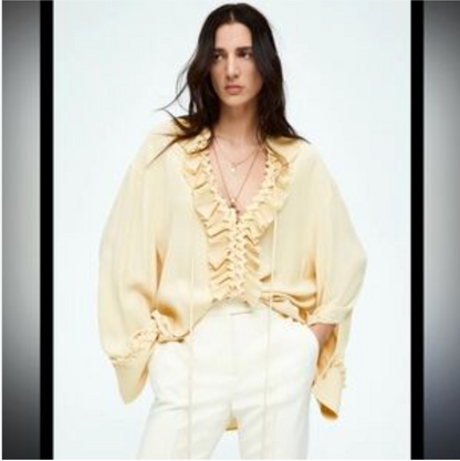 H&M / ruffled tunic / butter yellow / s / new with tags (3922540660071732312)