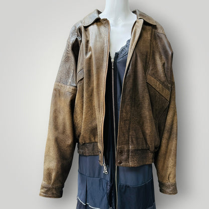 1980s vintage / leather / brown bomber jacket / XL (3922772113590509985)