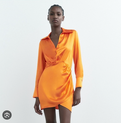 ZARA / bright orange satin mini dress / s/m (3924011106850010374)