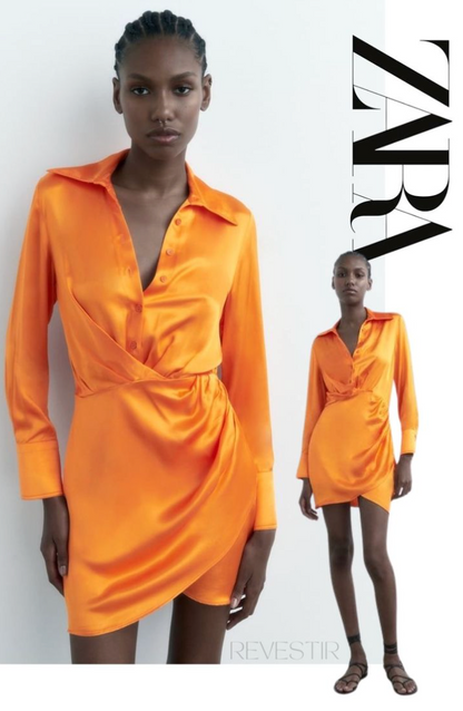 ZARA / bright orange satin mini dress / s/m (3924011171769742717)