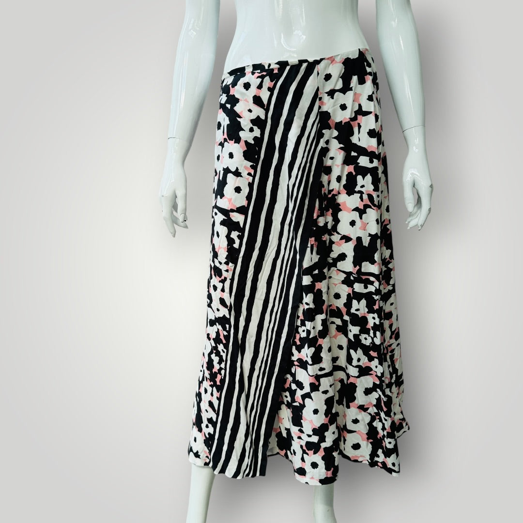 ANNE MARDELL / black pink floral midi skirt  / 12 / made in nz (3925111048393855800)