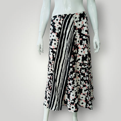 ANNE MARDELL / black pink floral midi skirt  / 12 / made in nz (3925111048393855800)