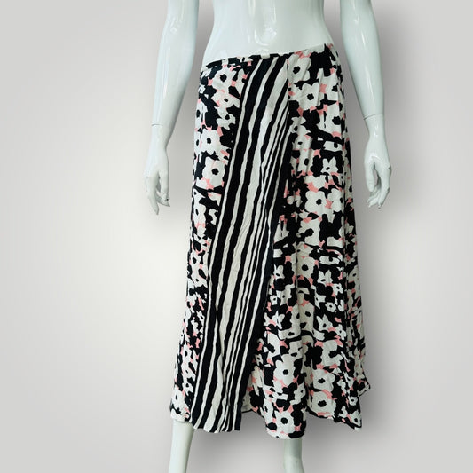 ANNE MARDELL / black pink floral midi skirt  / 12 / made in nz (3925111048393855800)