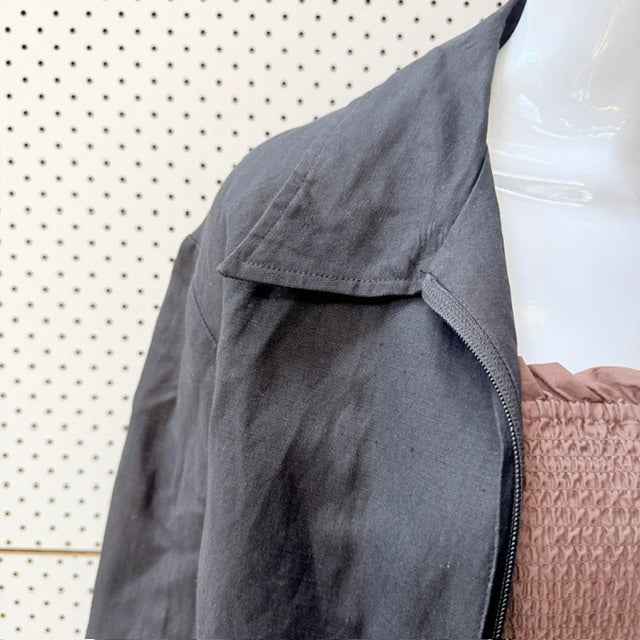 RICH / black linen zip front jacket / S (3925725381718295700)