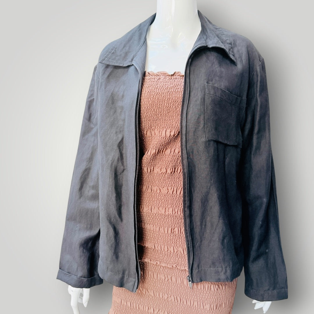 RICH / black linen zip front jacket / S (3925725546307404767)