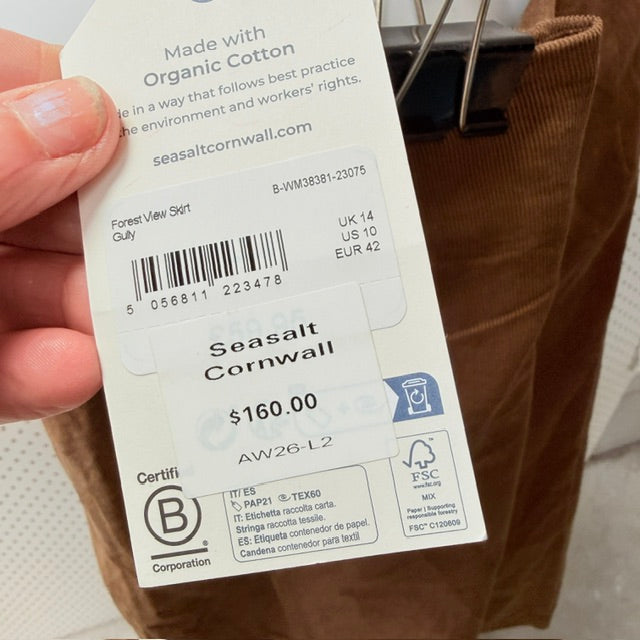 SEASALT CORNWALL / gully brown organic cotton corduroy midi skirt / 14 / NEW (3925731630859701066)