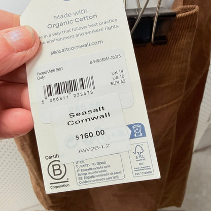 SEASALT CORNWALL / gully brown organic cotton corduroy midi skirt / 14 / NEW (3925731630859701066)