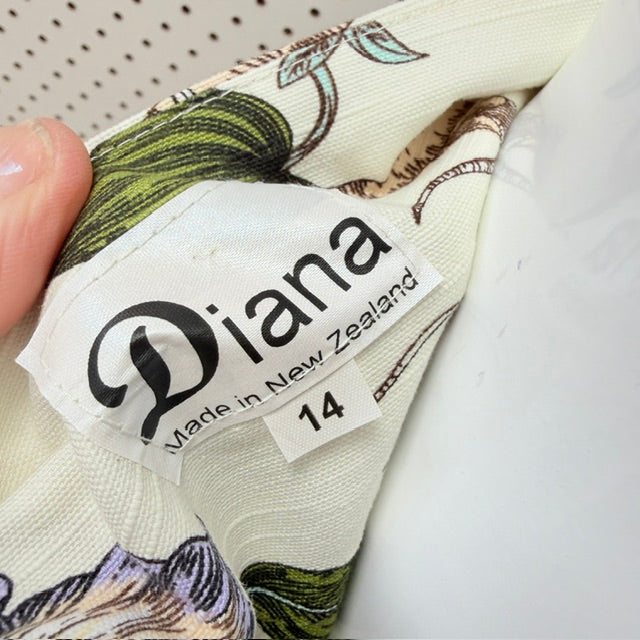DIANA / cream botanical orchid print midi skirt / 14 / made in nz (3925731645518172149)