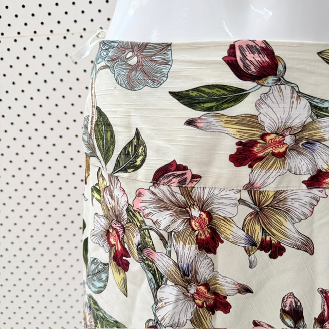 DIANA / cream botanical orchid print midi skirt / 14 / made in nz (3925731650135525154)