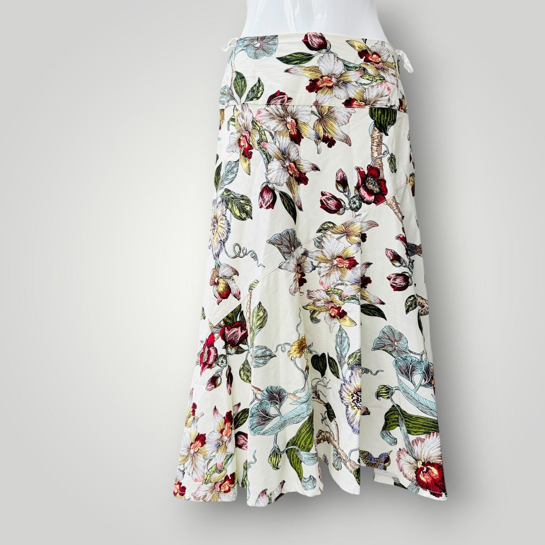 DIANA / cream botanical orchid print midi skirt / 14 / made in nz (3925731893230139217)