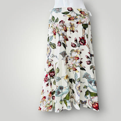 DIANA / cream botanical orchid print midi skirt / 14 / made in nz (3925731893230139217)