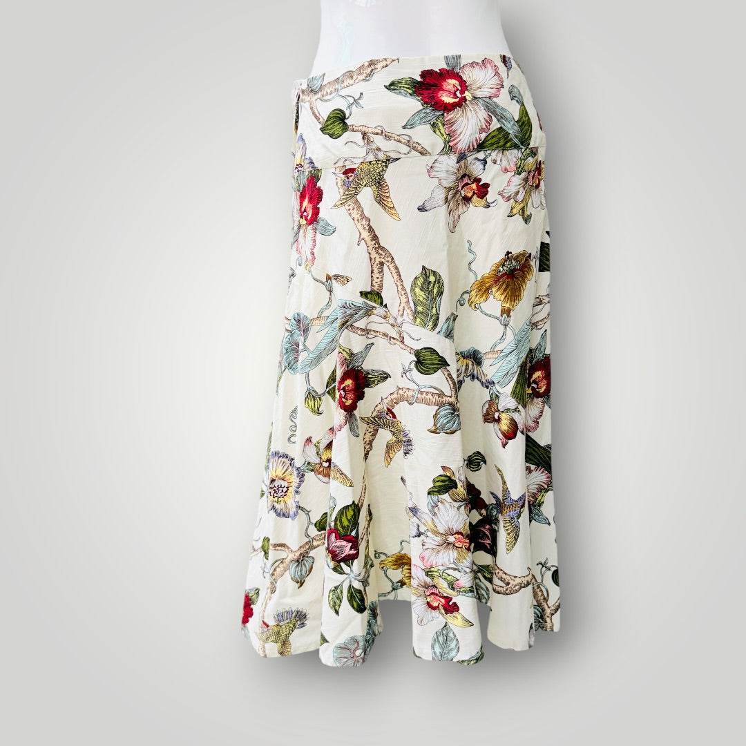 DIANA / cream botanical orchid print midi skirt / 14 / made in nz (3925731895193184225)