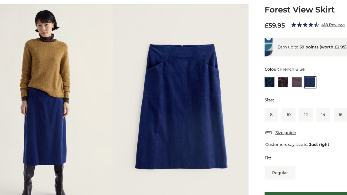 SEASALT CORNWALL / gully brown organic cotton corduroy midi skirt / 14 / NEW (3925734029378466654)