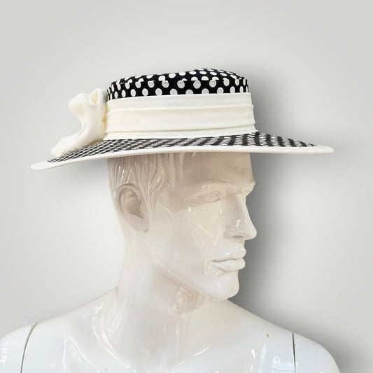 MILLINERY BY SUSAN RODGERS / black and white polka dot boater hat (3926140055504545204)