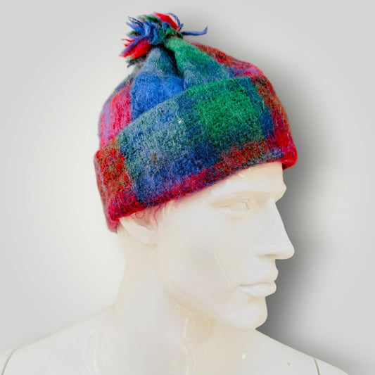 1960s vintage / multi-color plaid mohair wool pom pom beanie (3926140062633395321)