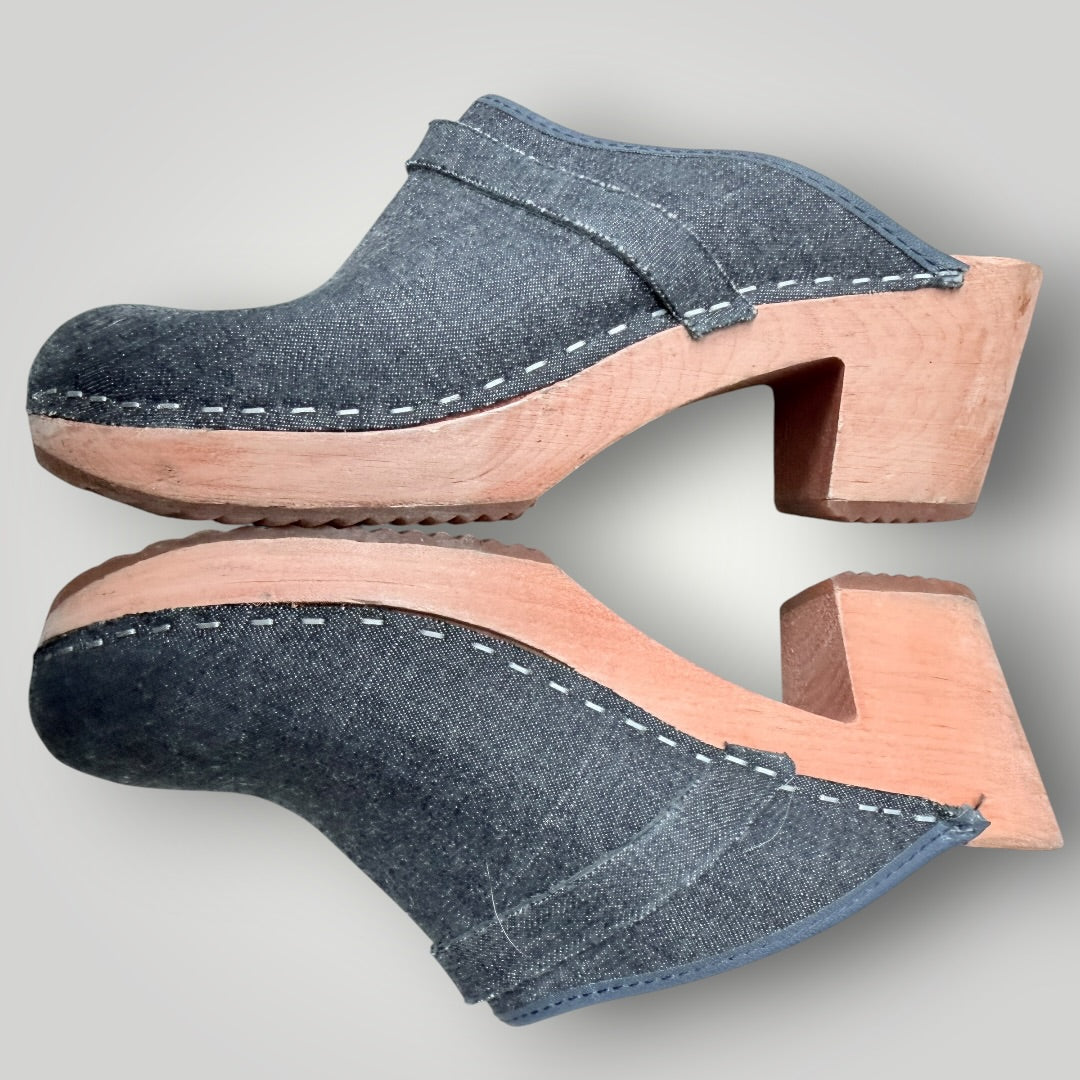 FUNKIS / dark denim blue wooden clogs / Size 39 (3926156210274563361)